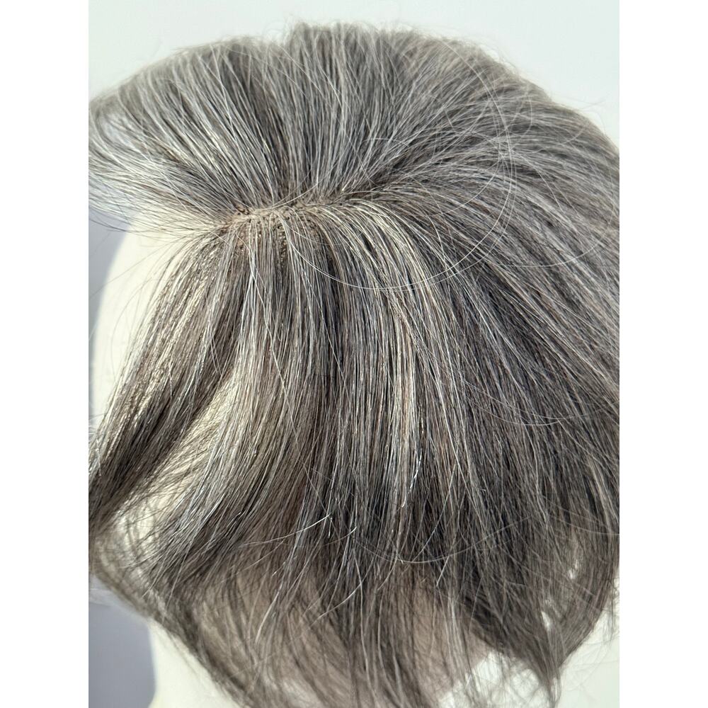 Human Hair Topper Gray Brown Highlights | Clip In | Natural Part Volume